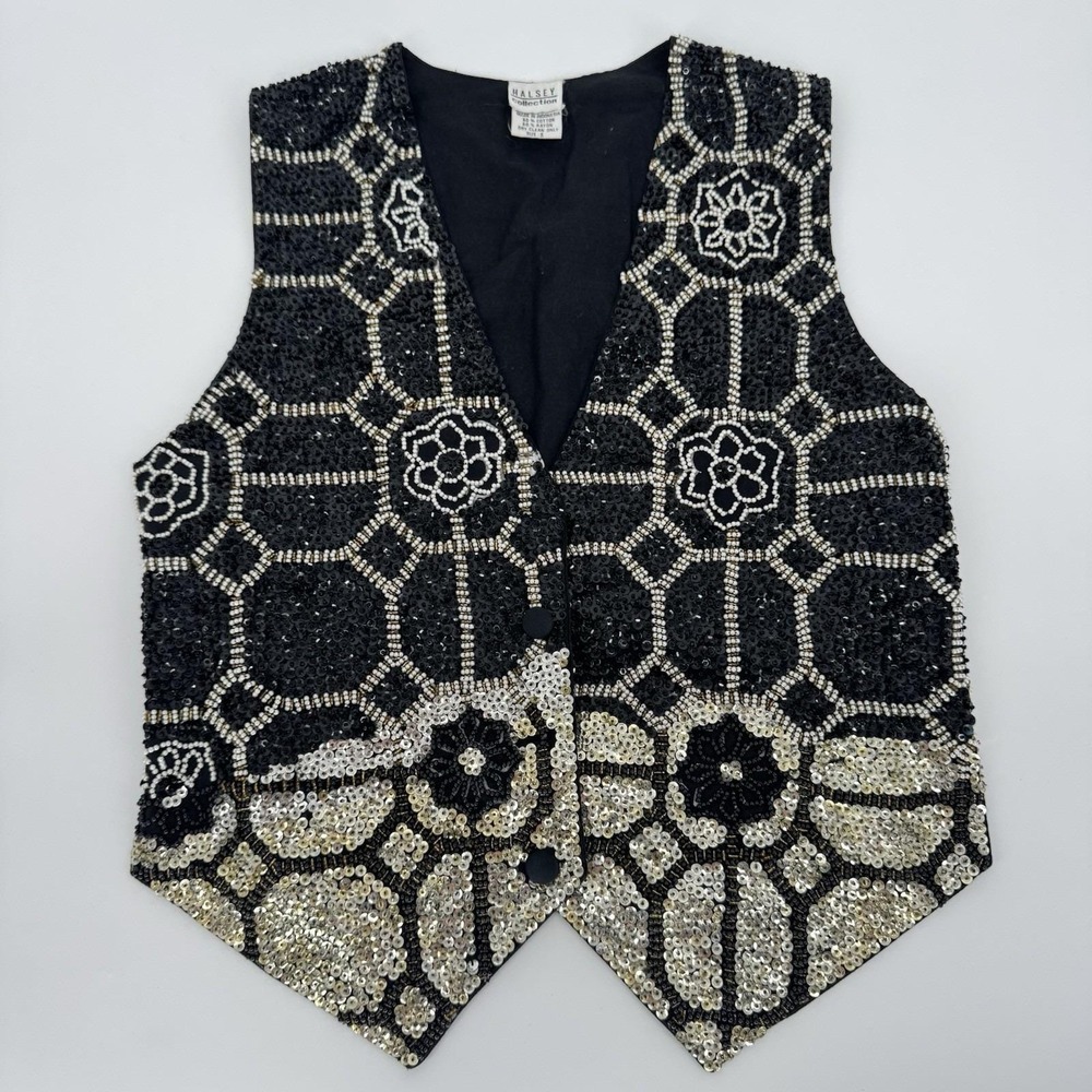 Vintage Beaded Sequins Vest‎ Women's Small Black Silver Geometric Floral Party